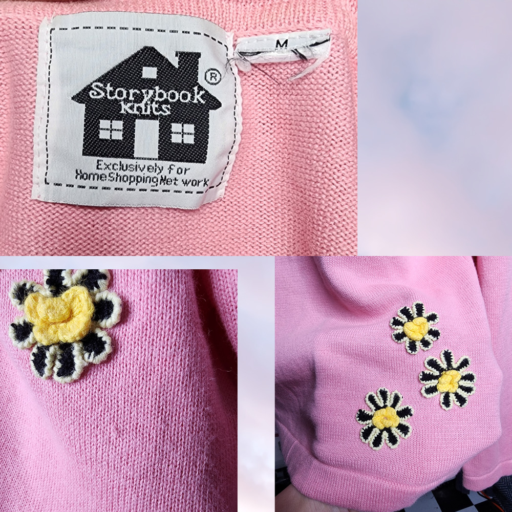 Vtg 80 90s Storybook Knit Pink Yellow Butterfly Flower Coquette Spring Sweater M - Picture 7 of 7